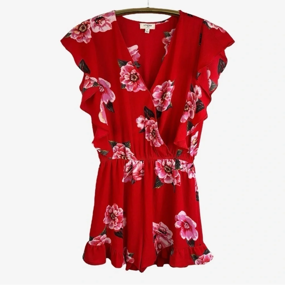 Umgee Floral Surplice Ruffle Romper Size S Red Built-In Shorts
